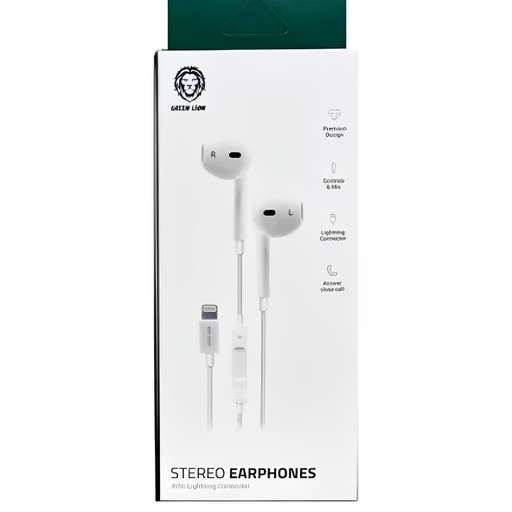 Green Lion MFI Stereo Earphone with Lightning Connector - White"