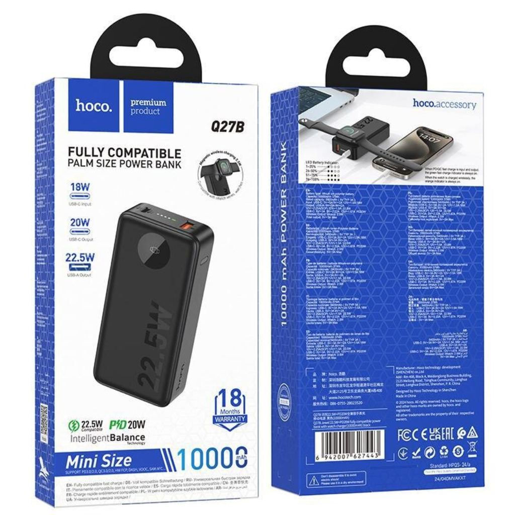 Hoco Q27B Jewel 22.5W+PD20W Fully Compatible Power Bank With Watch Charger 10,000mAh