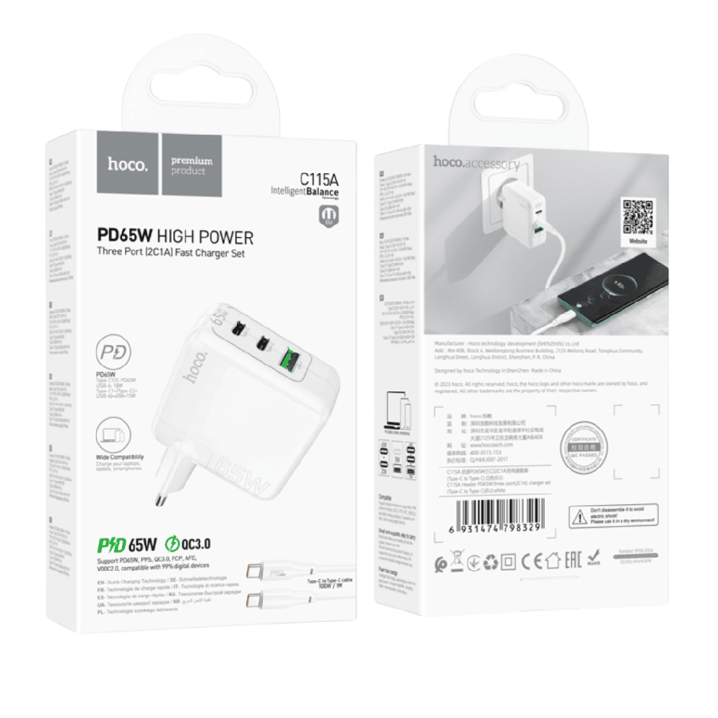 Charger hoco C115A PD65W (Type-c to Type-c) three-port